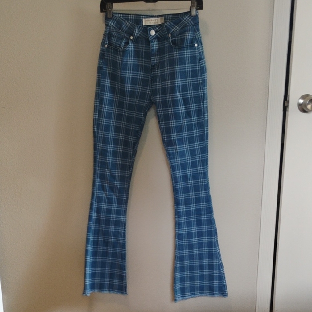 Blue Plaid Flare Jeans